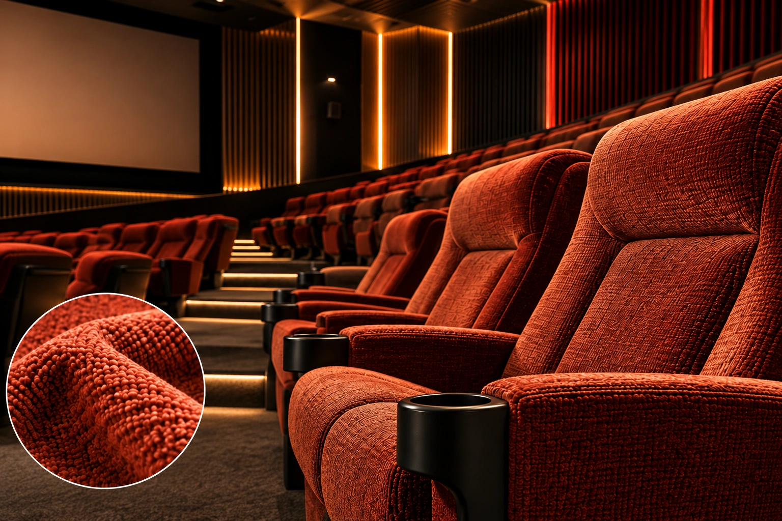 Rust chenille upholstered cinema seats and a close-up of the fabric texture