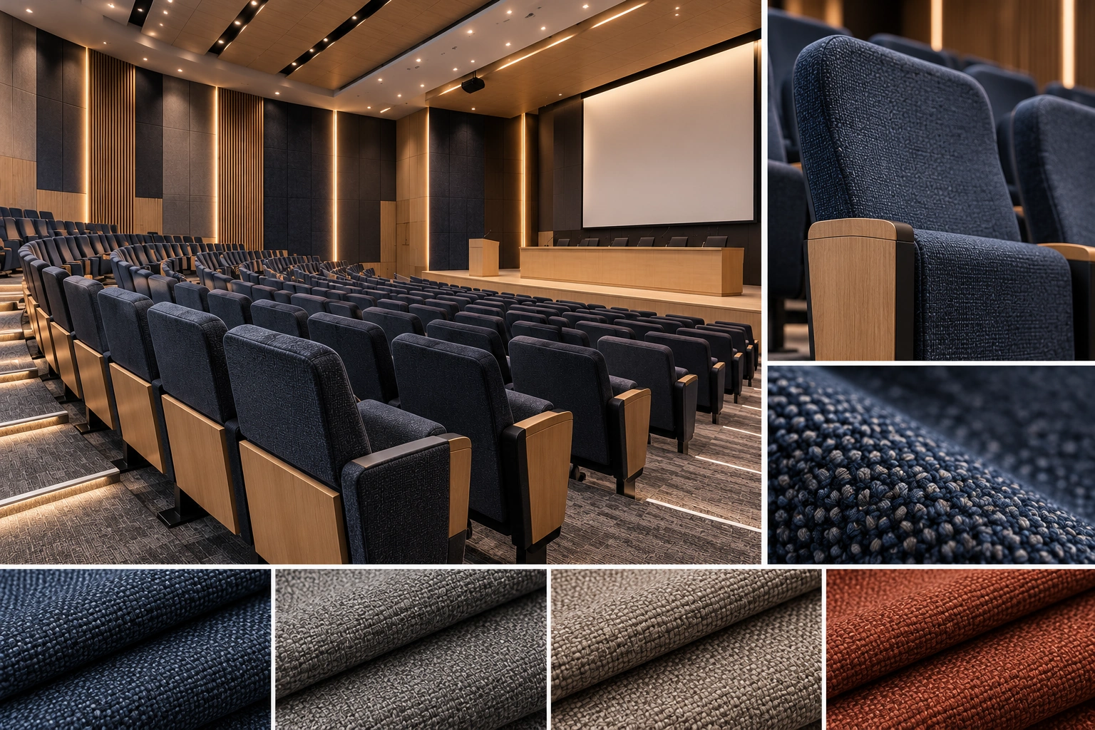 Navy conference seats, upholstery details and fabric samples