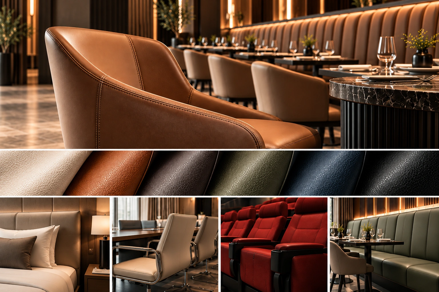 Faux-leather restaurant chair, colour samples and hotel, conference, cinema and restaurant applications