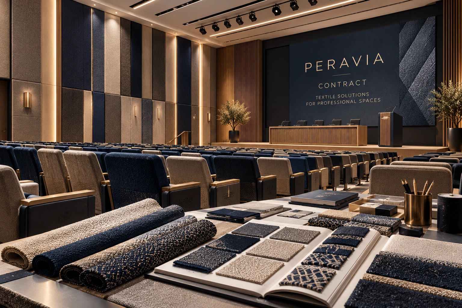 Conference auditorium with navy and beige upholstery, fabric rolls and textile samples