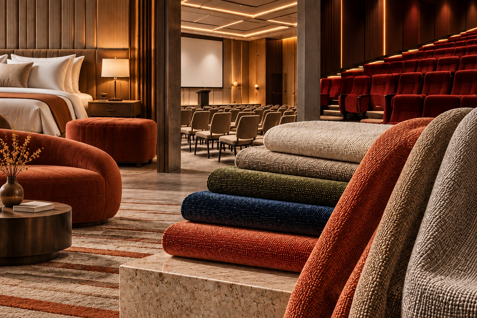 Fabric samples with hotel, conference and cinema settings