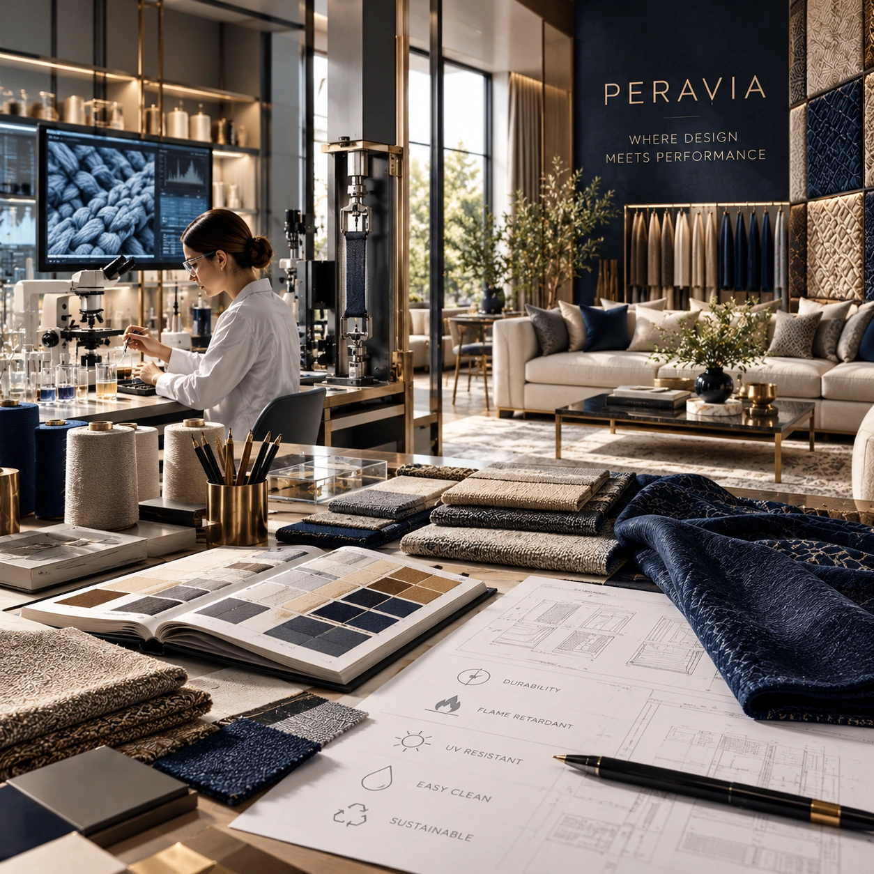 Peravia composition bringing together fabric samples, material evaluation equipment and a living space