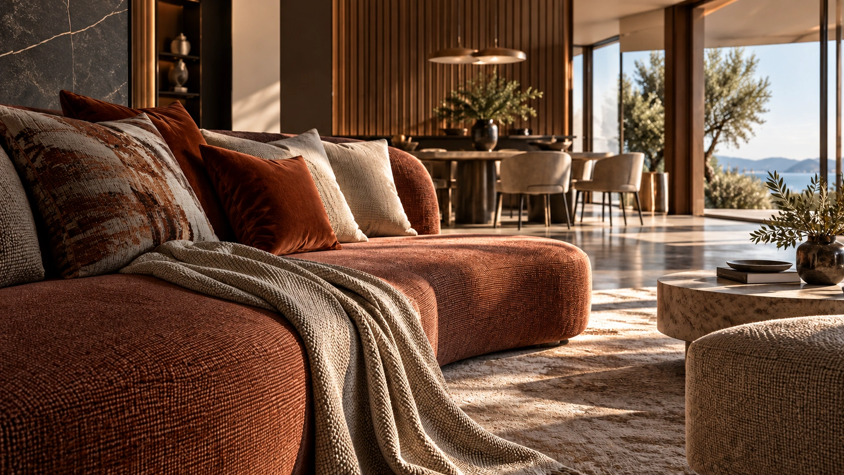 Terracotta upholstered sofa, textured throw and a sea-view living space