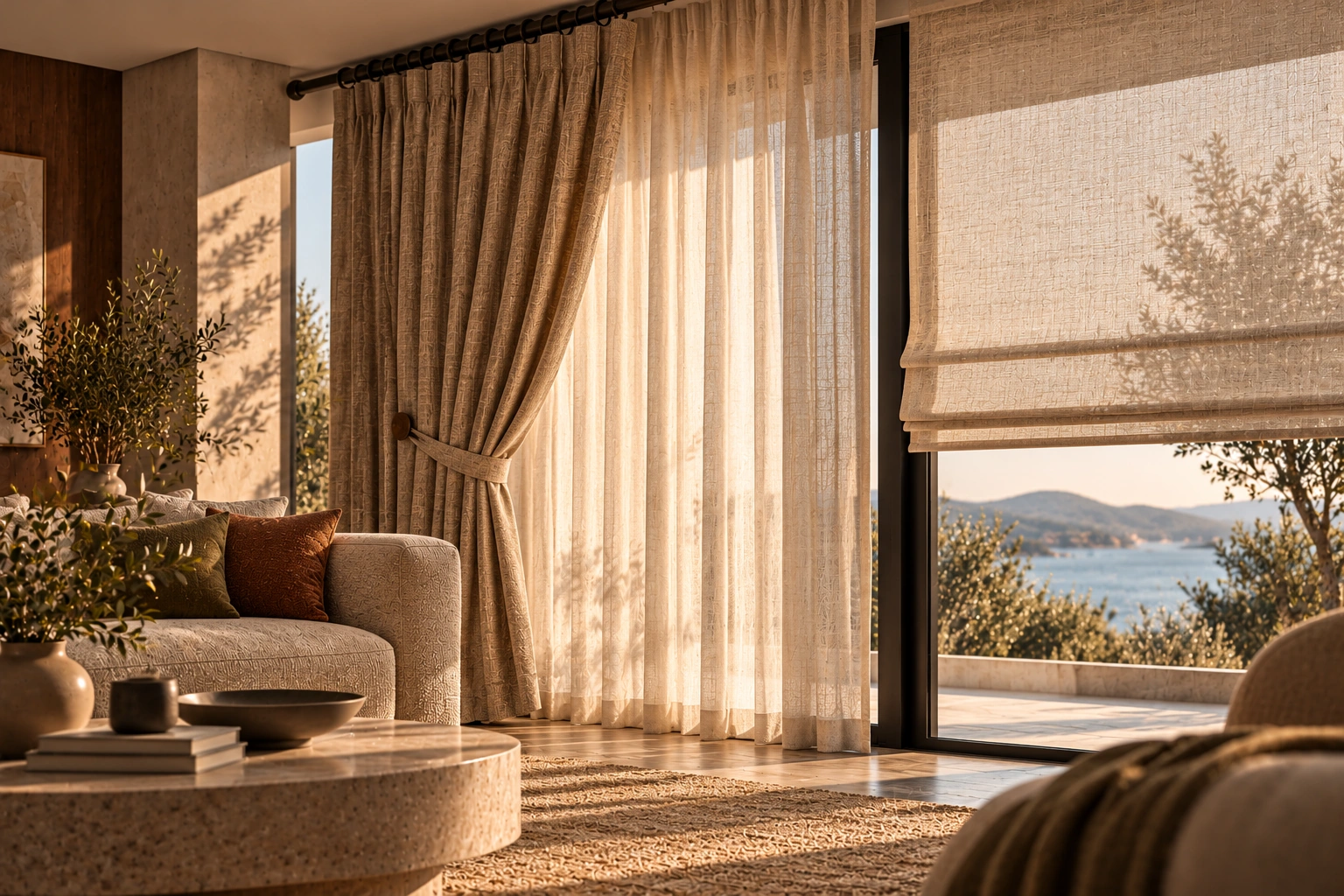 A natural-toned living space with drapery, sheers and a blind