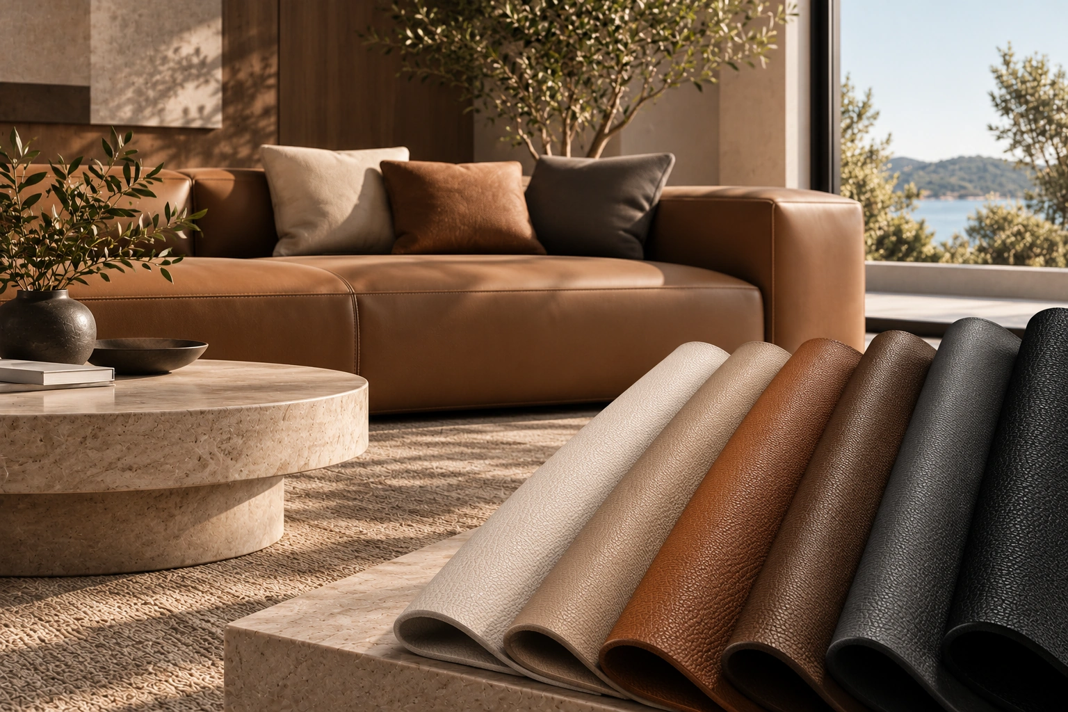Leather-look surface samples and a brown sofa