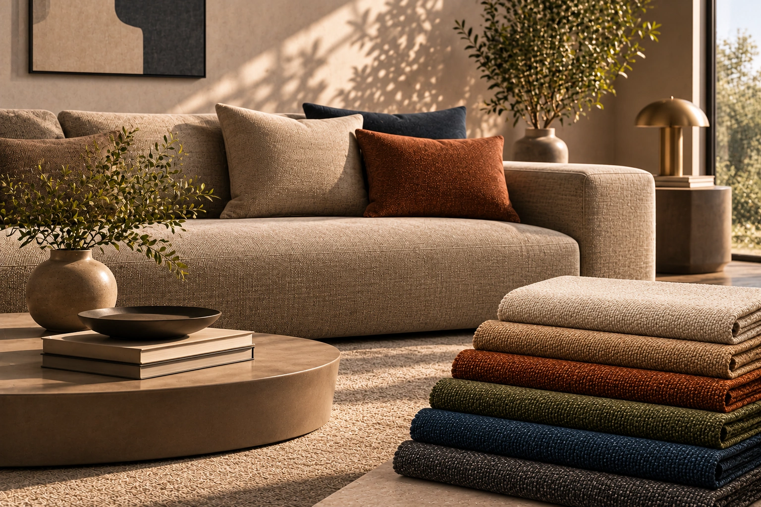 An architectural living space with natural-toned curtains and textured upholstery