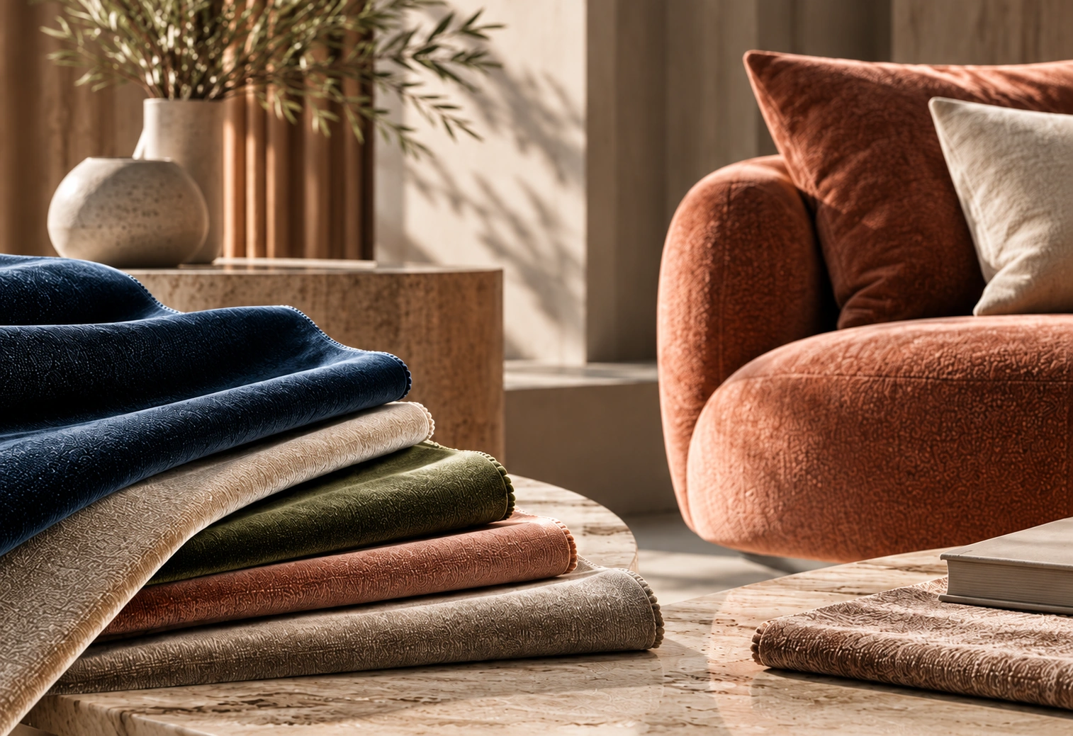 Velvet fabric samples and a rust-coloured upholstered armchair