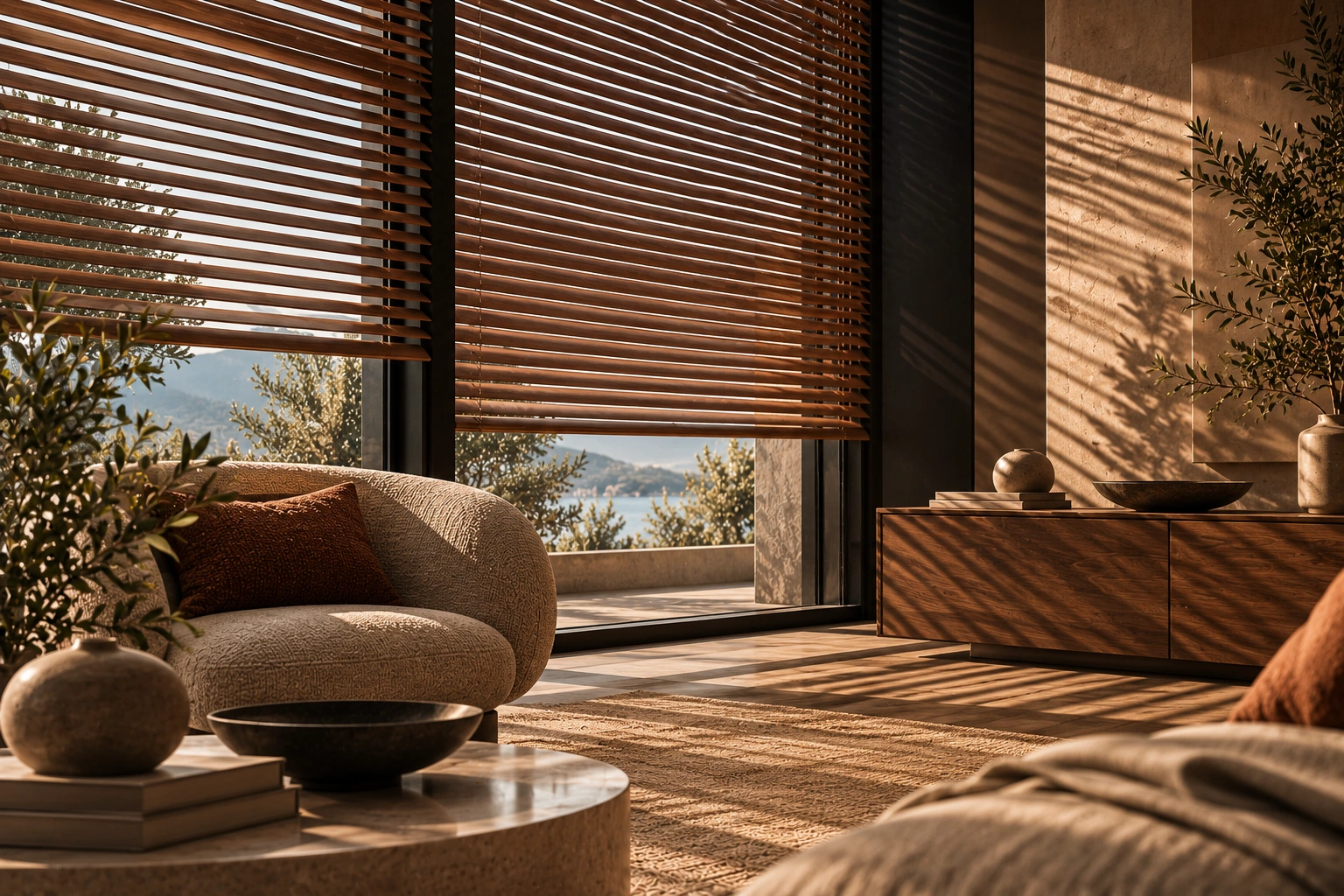Natural-toned interior shaped by wooden Venetian blinds and daylight