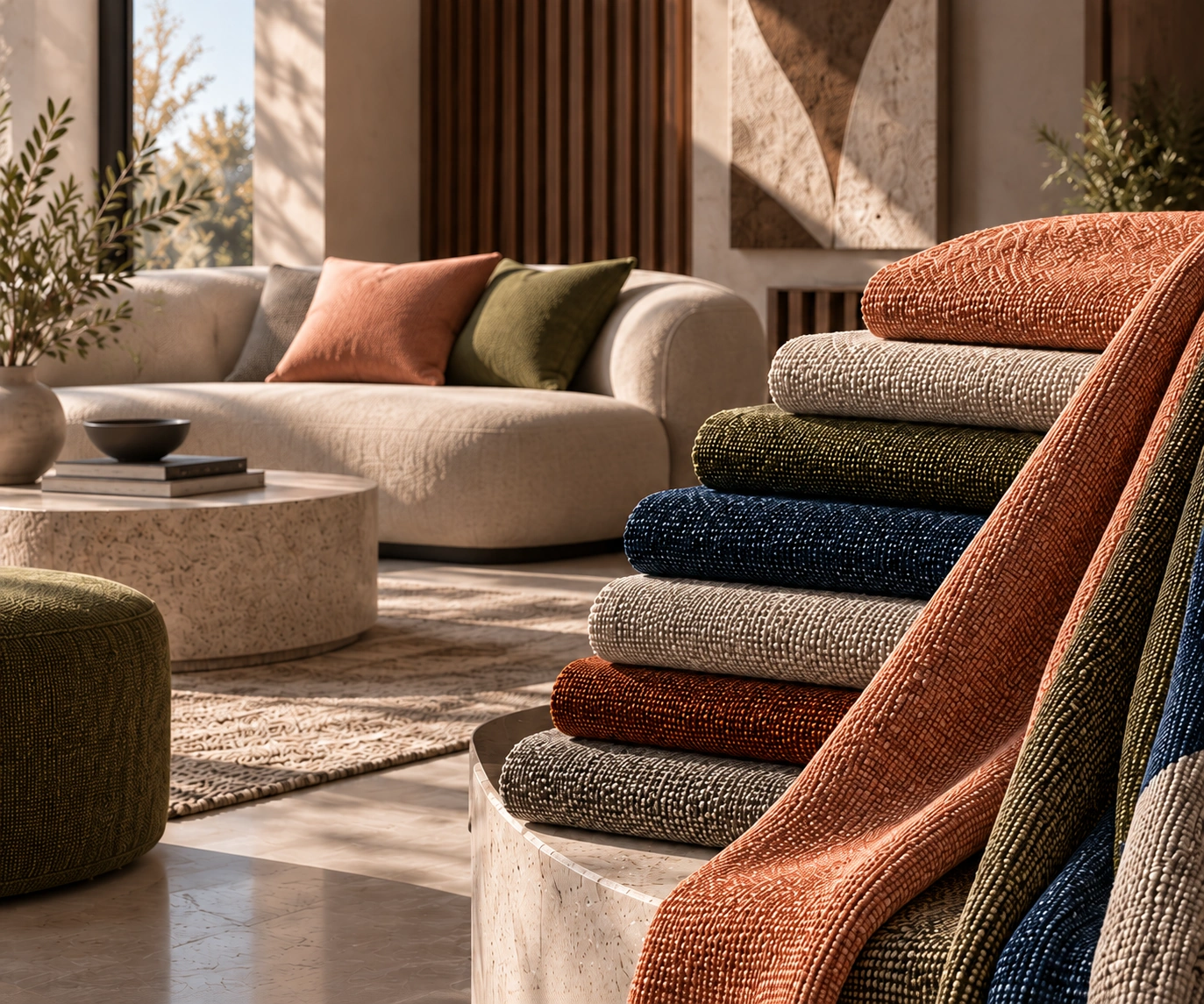 Woven fabric samples and a natural-toned living space