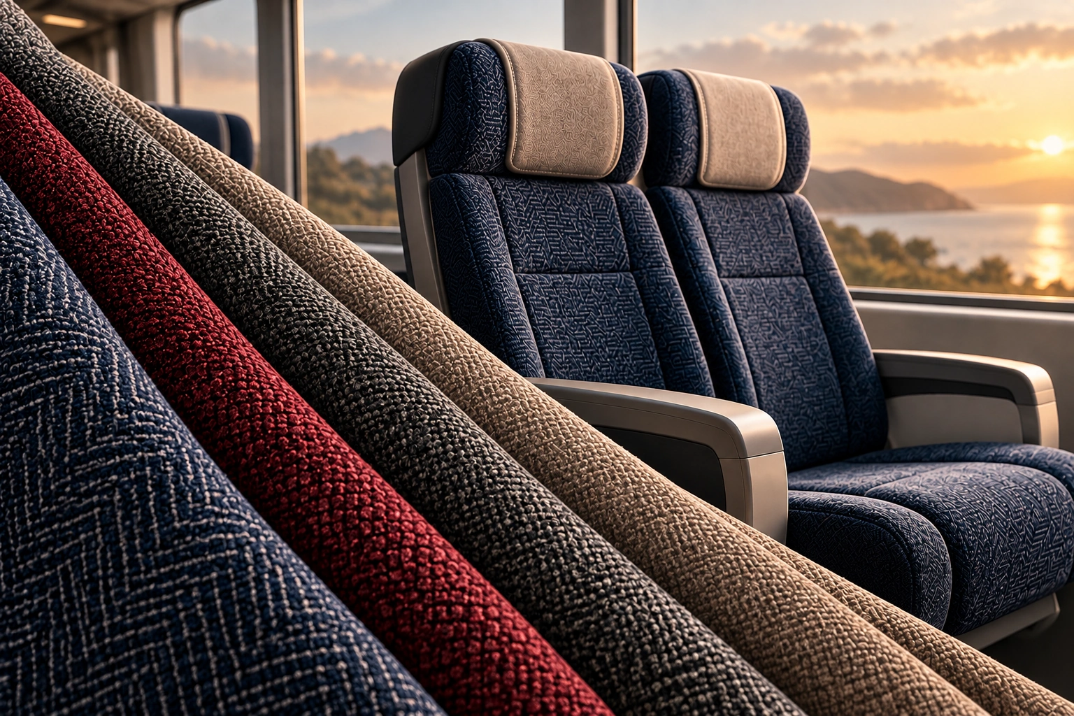 Chenille swatches and navy textured coach seats