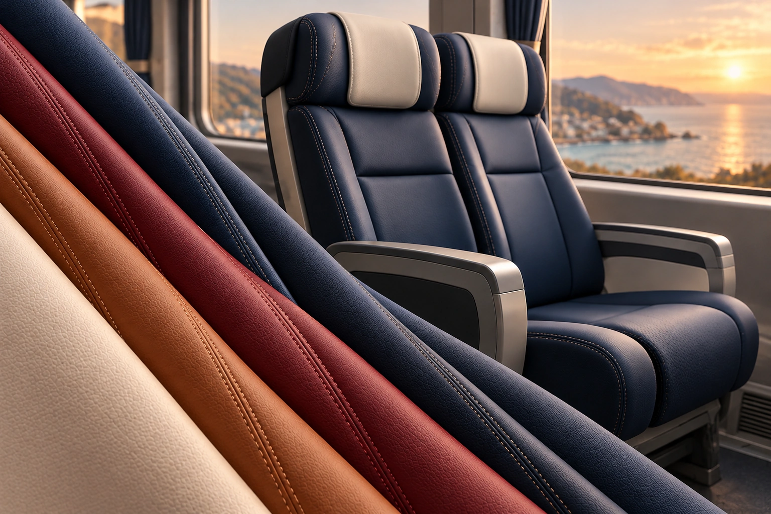 Faux-leather surfaces and navy upholstered coach seats
