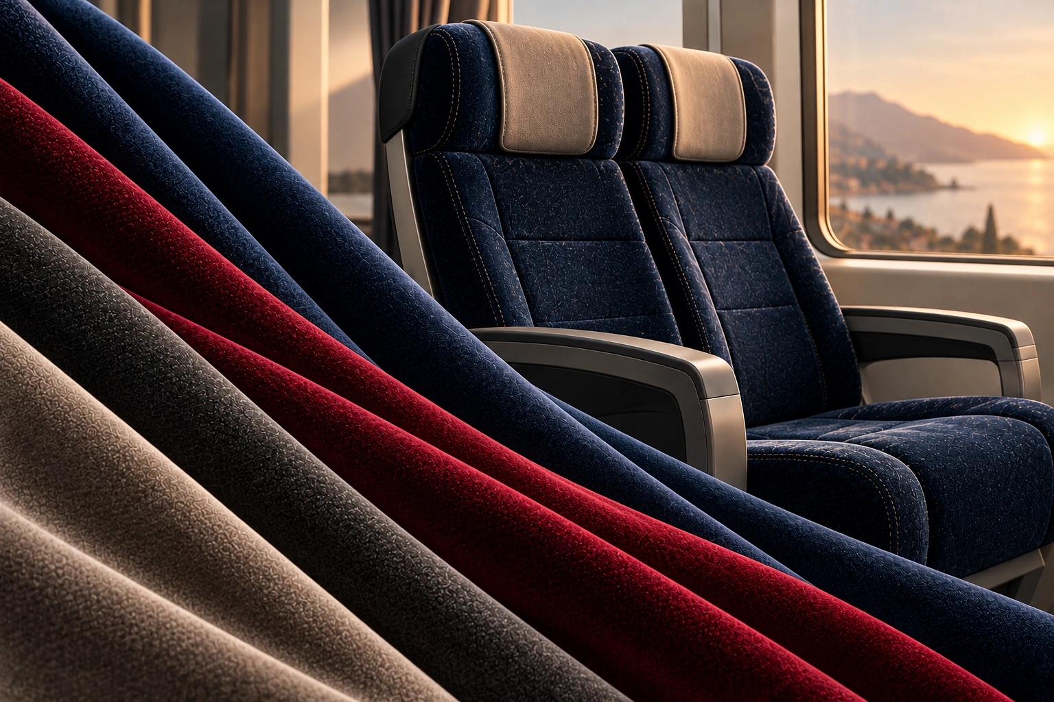 Velvet fabric swatches and navy upholstered coach seats