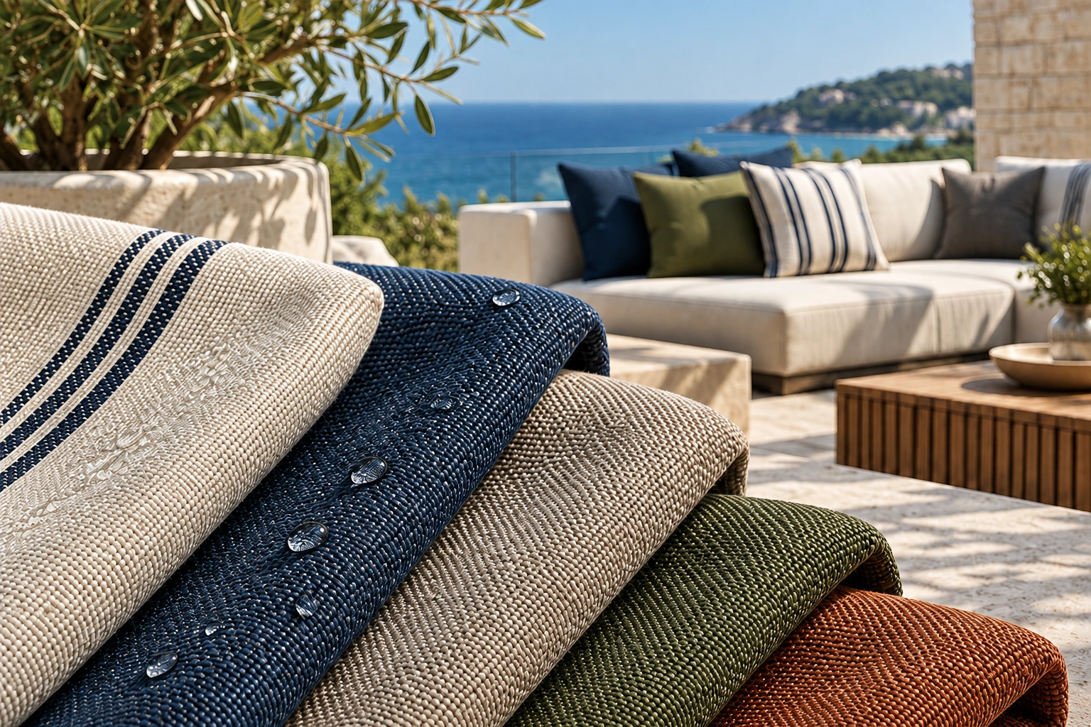 Striped outdoor fabric samples and droplets on navy fabric on a sea-view terrace