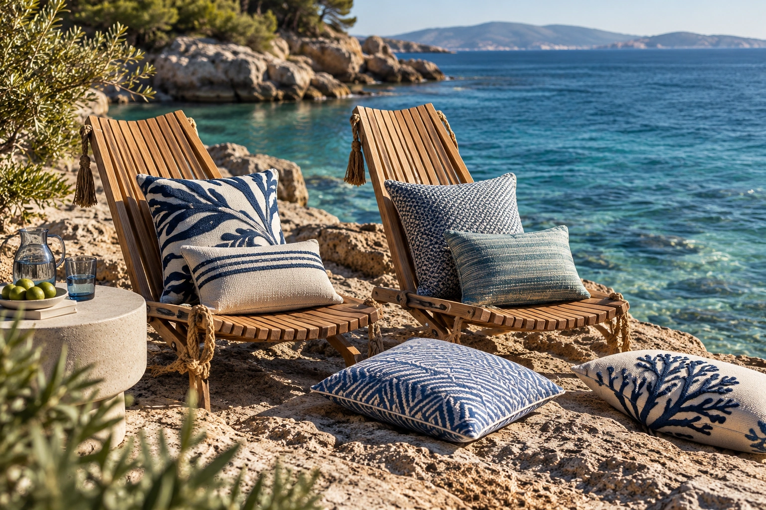 Wooden outdoor chairs with blue and white patterned cushions beside the sea