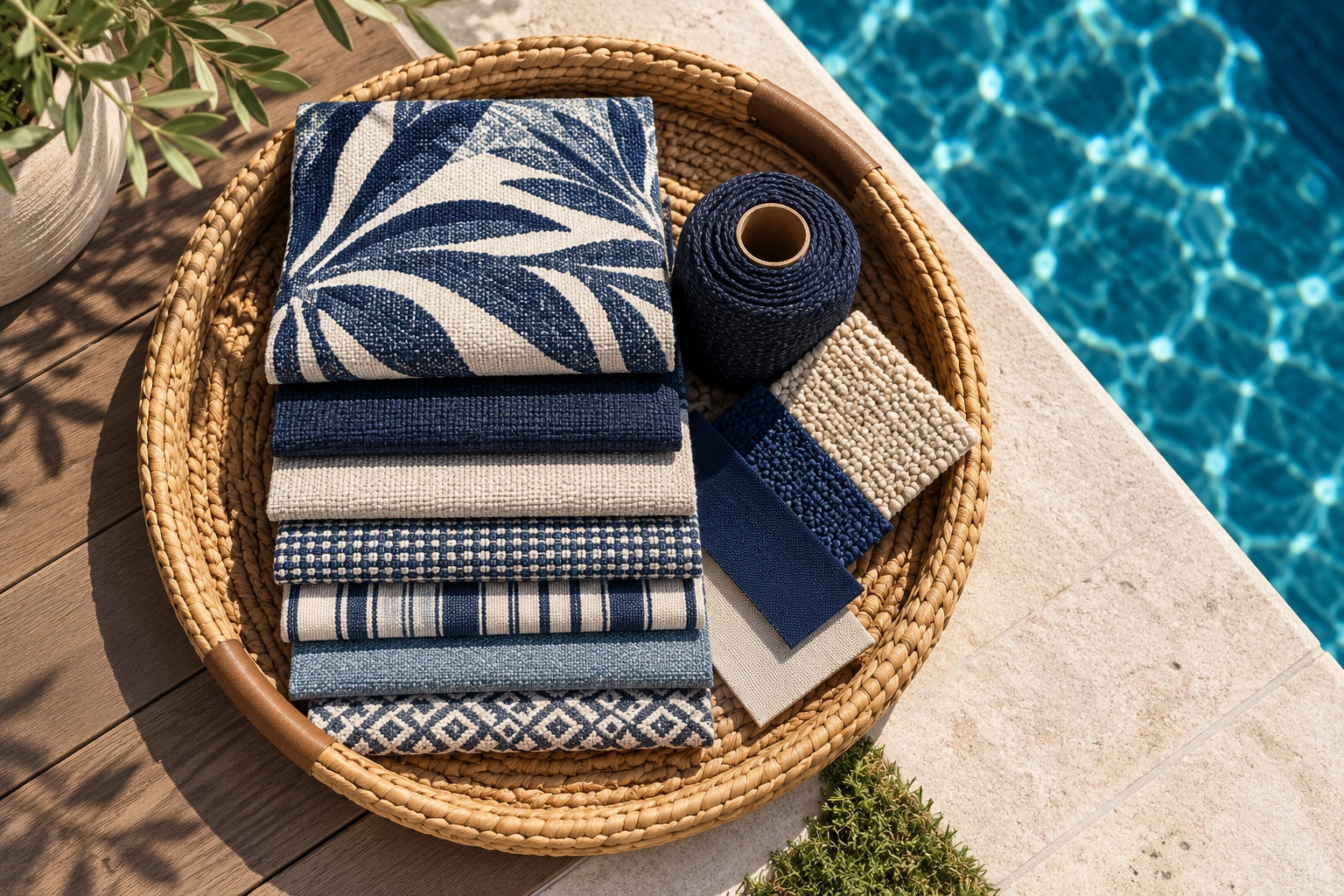 Blue and cream patterned fabric samples in a woven tray beside a pool