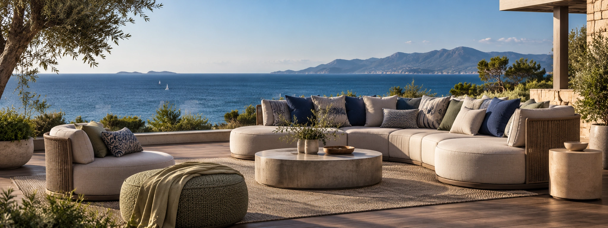 Cream outdoor seating and blue patterned cushions on a spacious sea-view terrace