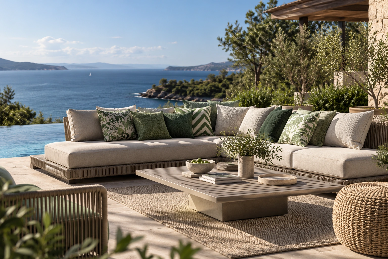 Cream outdoor seating with green patterned cushions overlooking a pool and the sea
