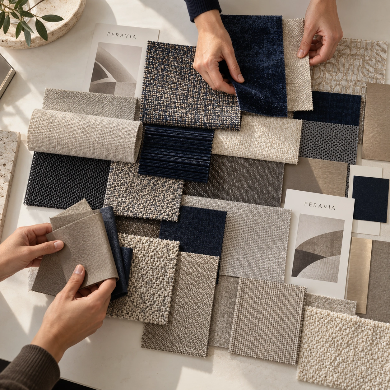 A material board with navy, cream and grey fabric samples being considered together