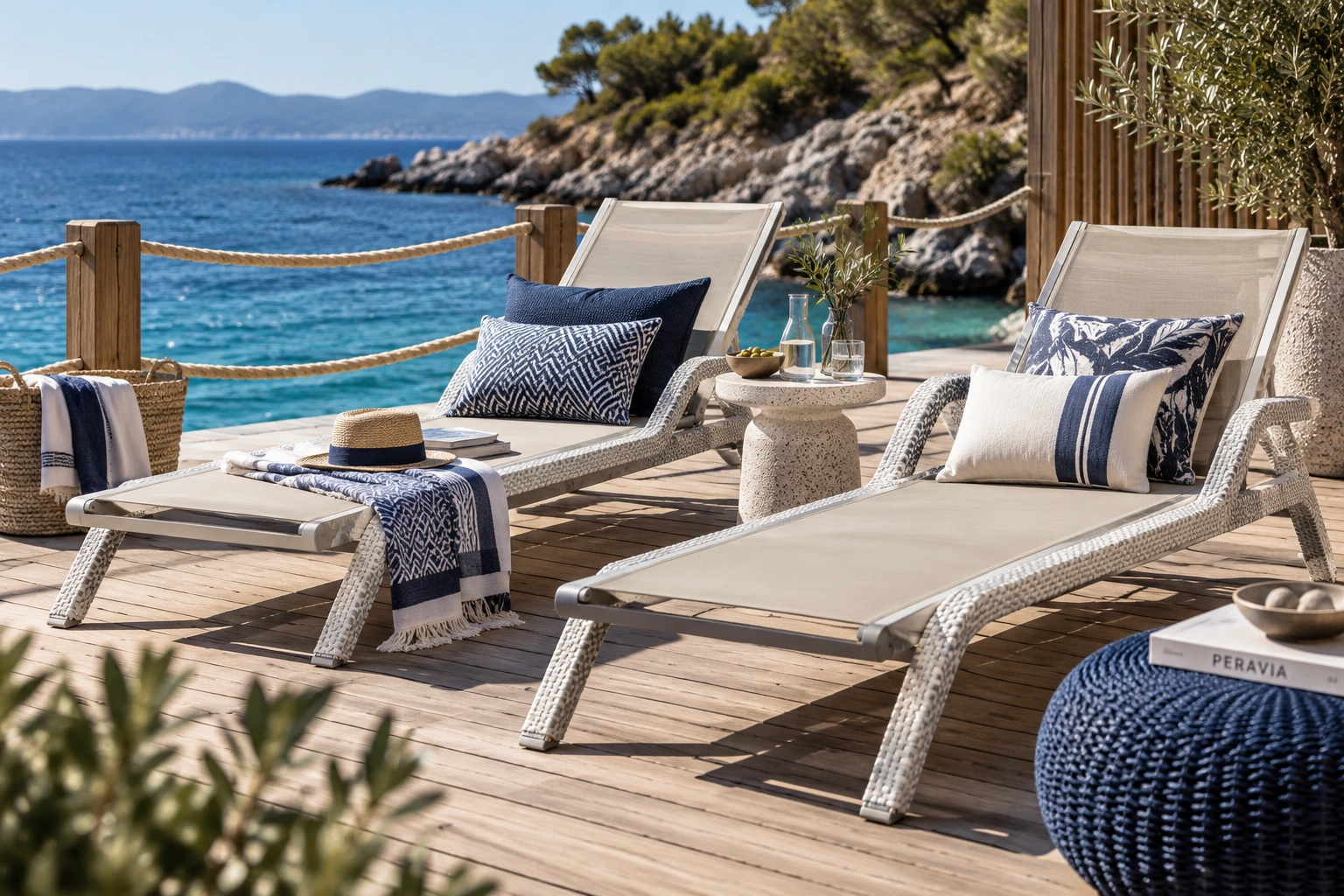 Light-coloured sun loungers with blue patterned cushions on a sea-view wooden terrace
