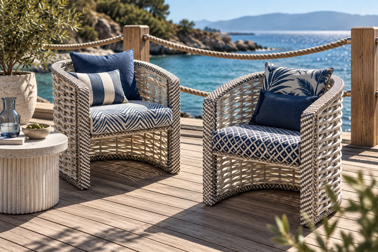 Wicker armchairs with blue and white patterned cushions on a sea-view terrace