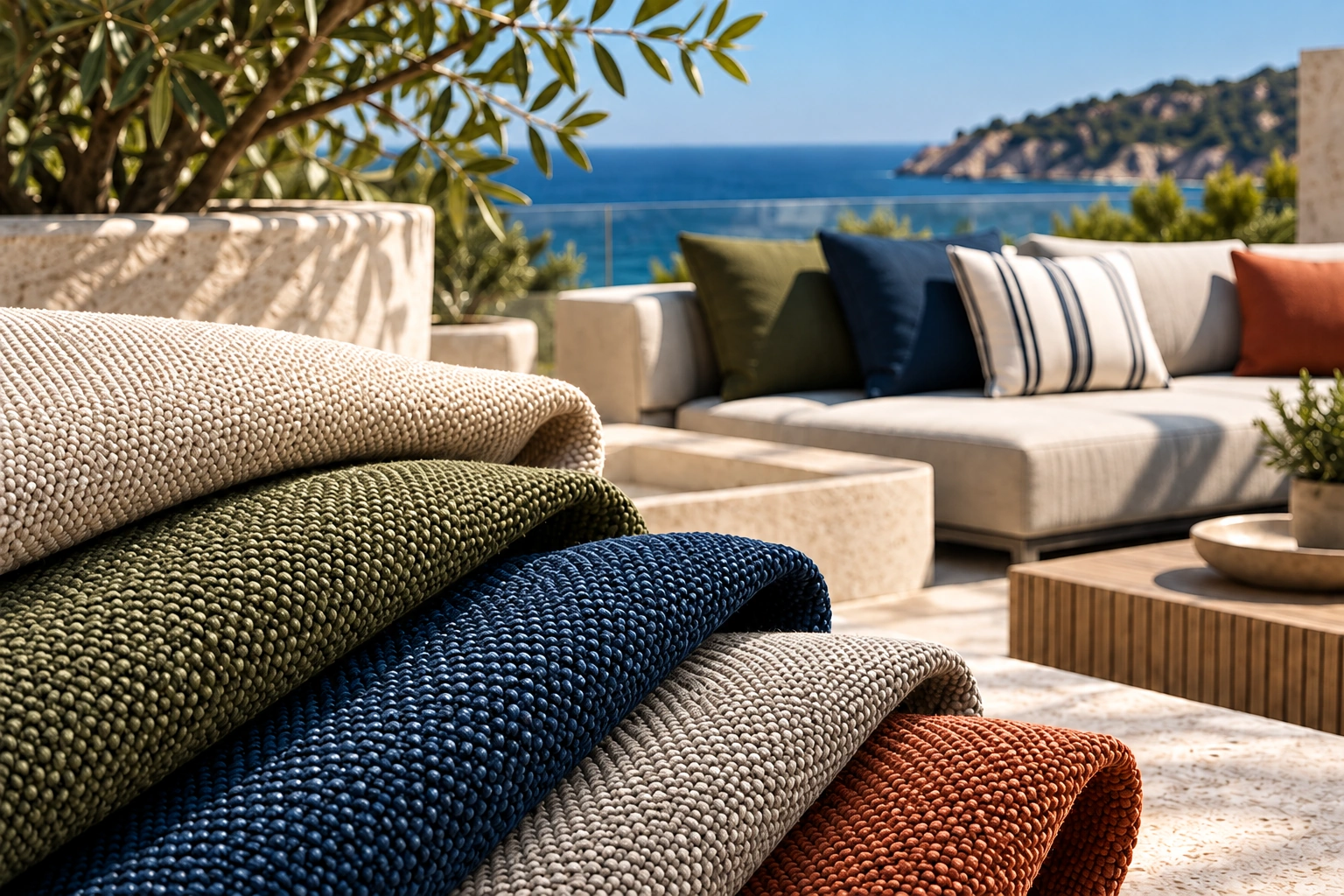 Textured cream, olive, navy and terracotta fabric samples on a sea-view terrace