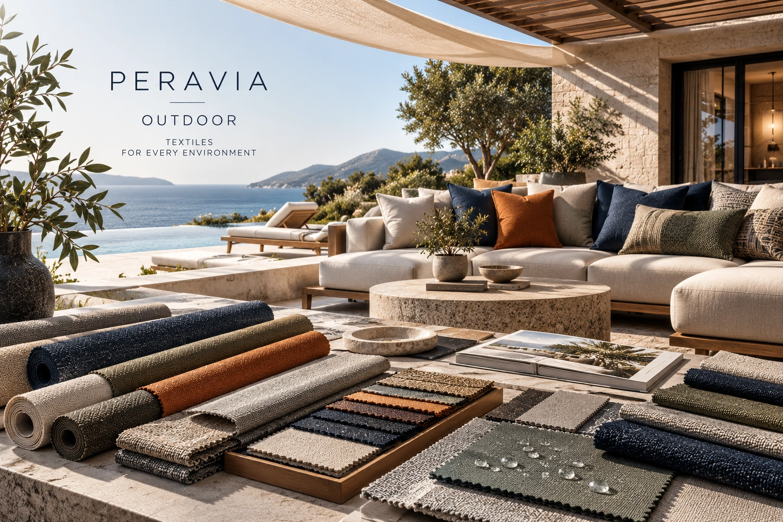 Outdoor seating, shading and upholstery fabric samples on a terrace overlooking the sea