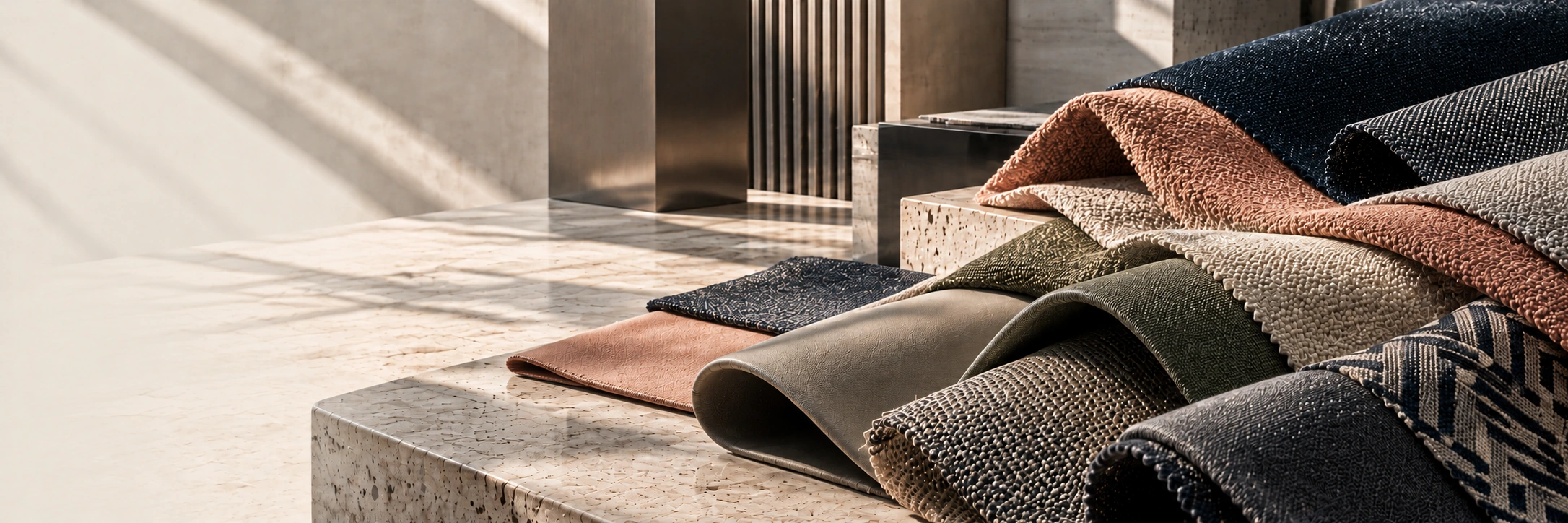 Fabric and leather samples in navy, beige, green and terracotta tones in natural light