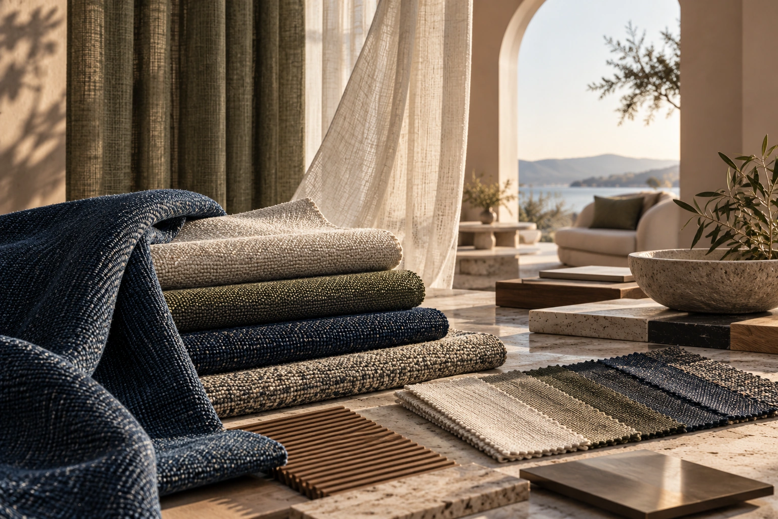 Navy, green and beige fabrics and upholstery samples in a living space with curtains