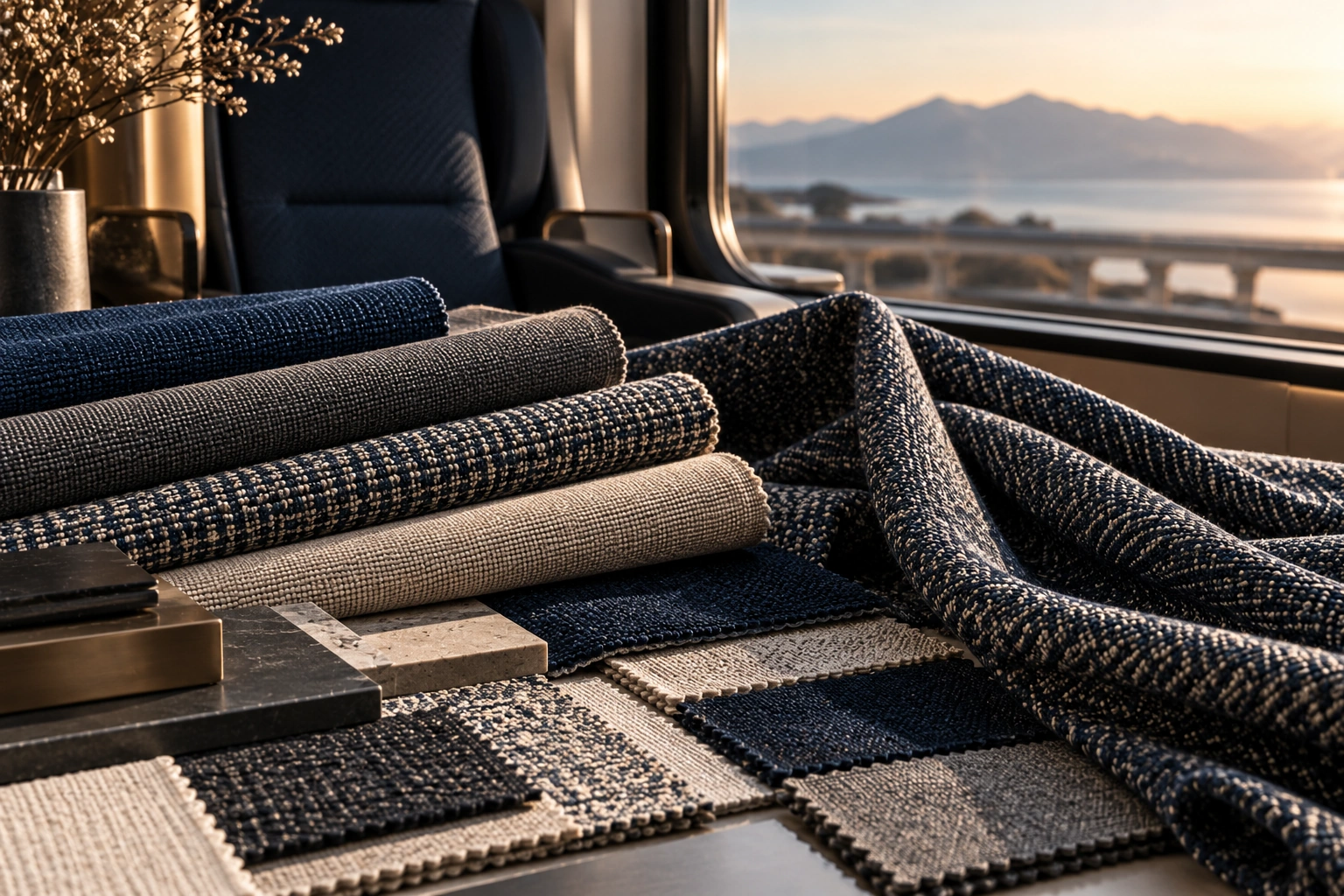 Navy and beige fabric rolls and upholstery samples in a train interior