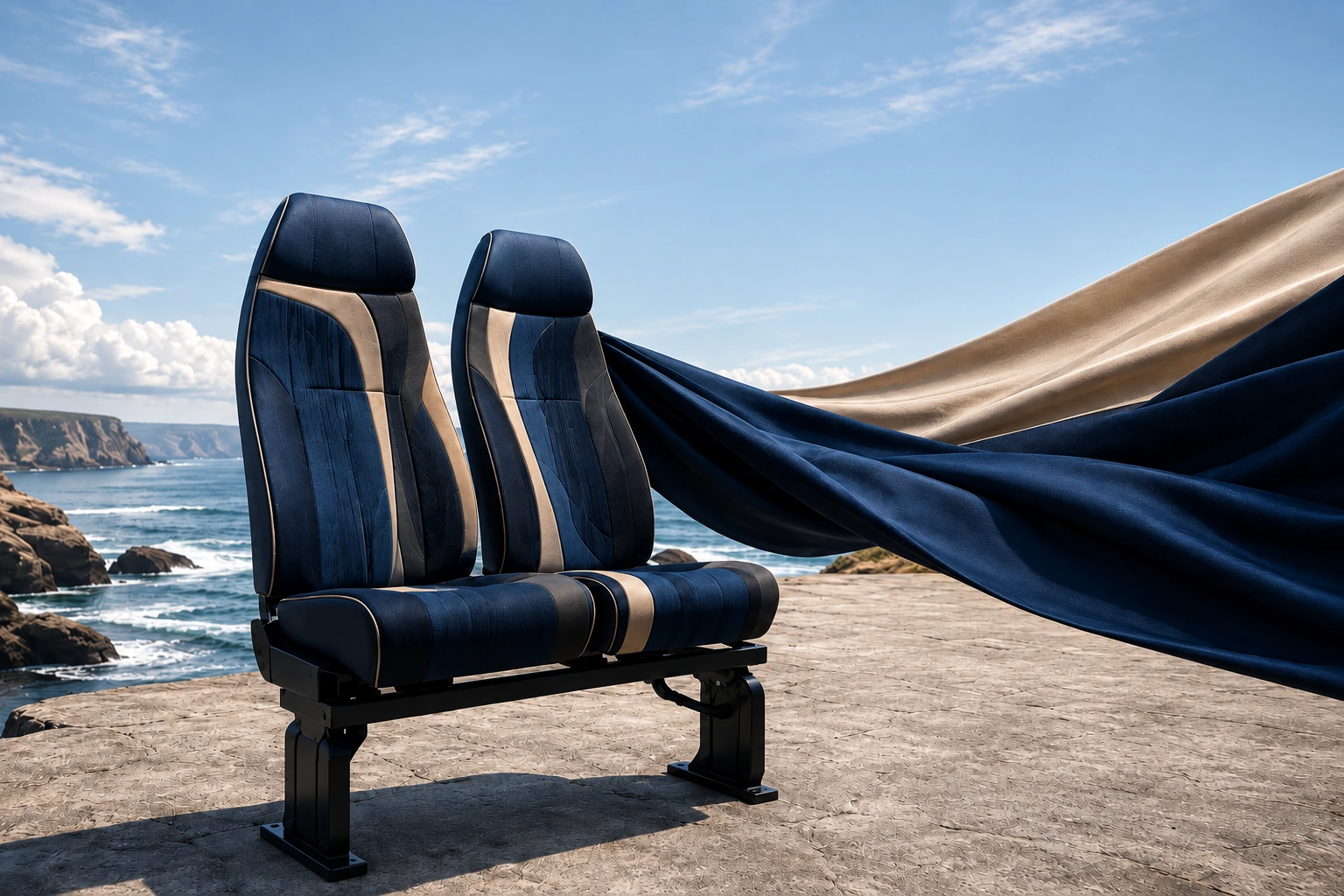 Luxury navy upholstered train seat and fabric beside a coastal view