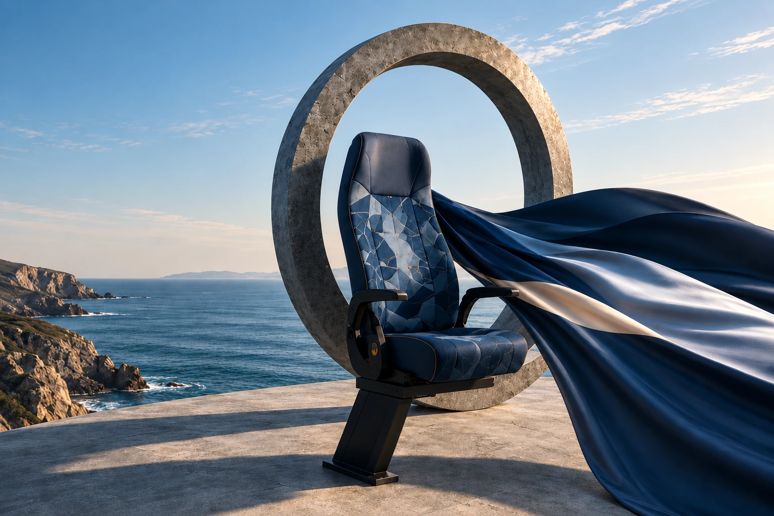 Blue upholstered transport seat beneath a stone arch beside the ocean