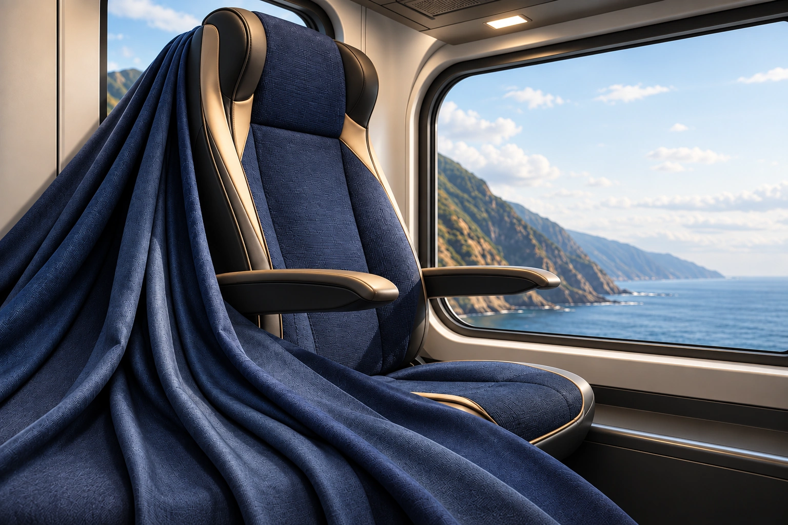 Luxury navy upholstered train seat and fabric beside a coastal view