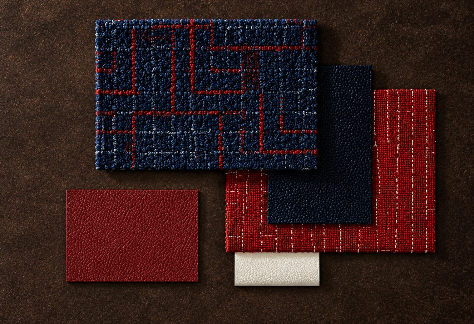 Mobility material board with navy and red textured fabrics and red and cream surface samples