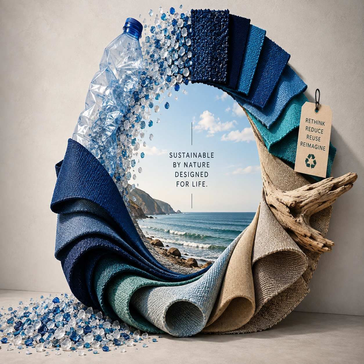 Circular composition illustrating the transition from a plastic bottle to textiles, with blue and natural-toned fabrics and an ocean view. Centre text: Sustainable by nature, designed for life.